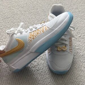 Nike Ja 1 Year of Dragon White Sneakers with Gold Swoosh and Light Blue Sole New
